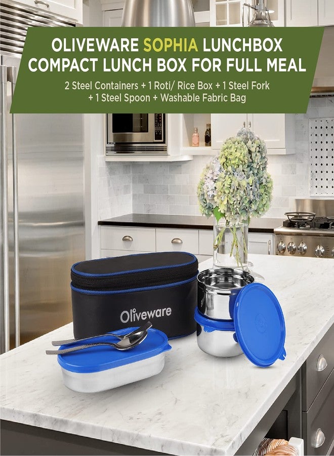 SOPL-OLIVEWARE علبة غداء صوفيا من أوليفوير، مع ملعقة وشوكة، مانعة للتسرب بنسبة 100%، 3 حاويات من الفولاذ المقاوم للصدأ بأغطية خالية من مادة BPA (550 مل، 350 مل، 350 مل)، حقيبة قماشية - أزرق - Image 4